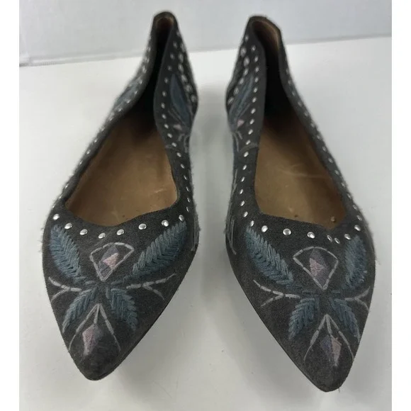 Frye Embroidered Studded Pointed Toe Slip On Ballet Flats Gray Suede 9M Size 9 - Picture 3 of 10
